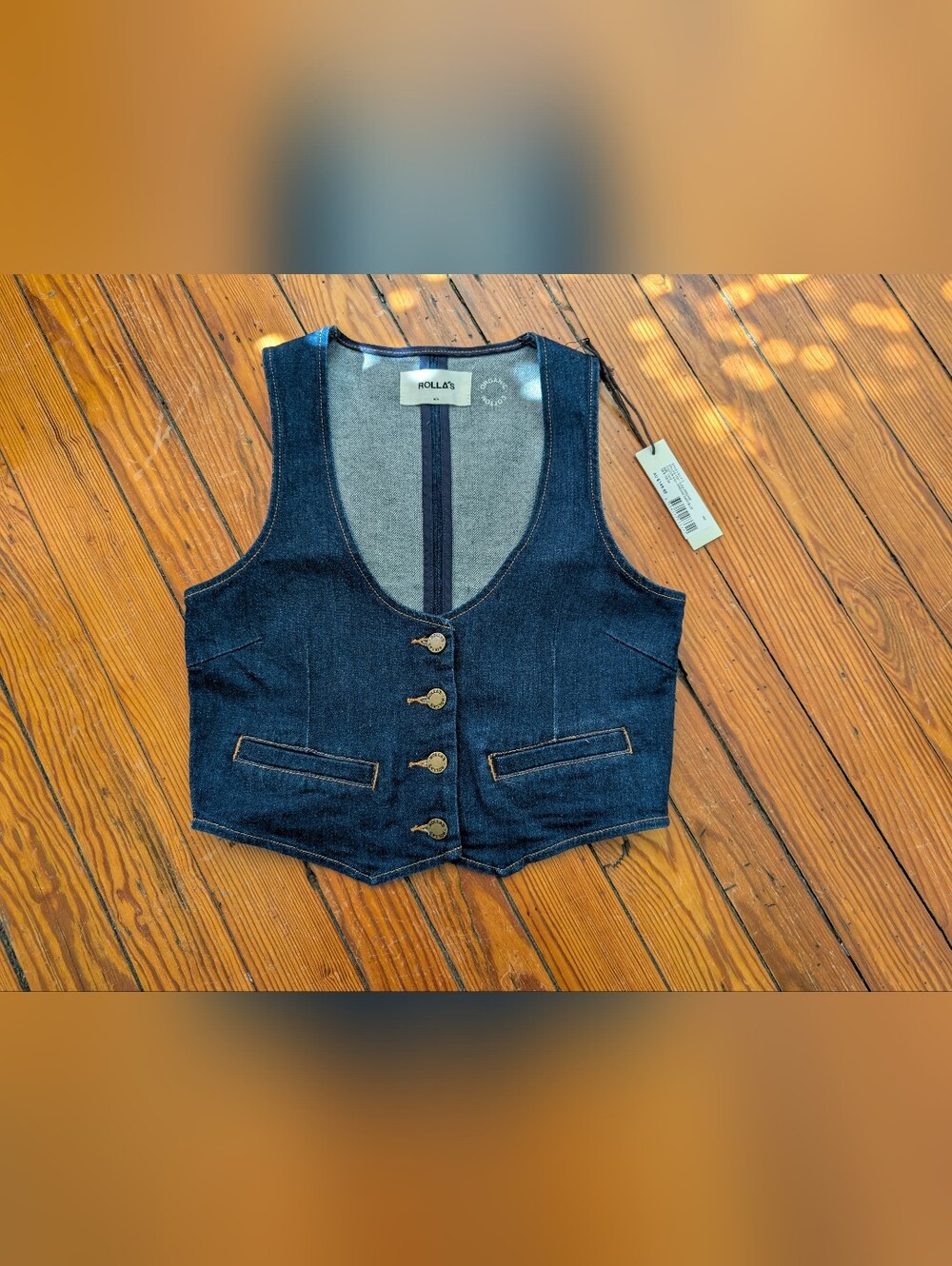 NWT Rolla's Dallas Dark Organic Denim Cropped Vest Top S western Boho - Picture 2 of 8